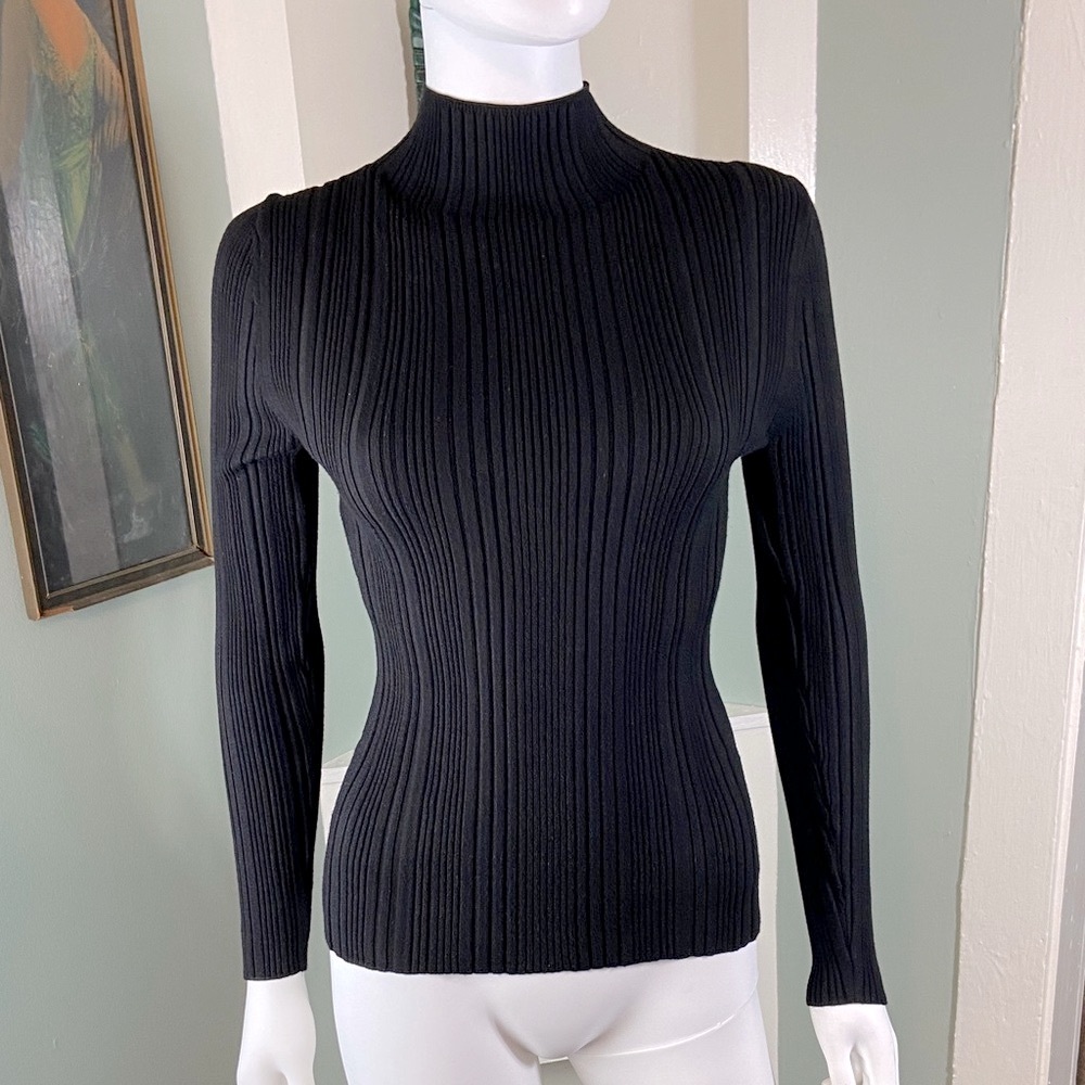 White House Black Market Black Ribbed Long Sleeve Tee whbm XSmall xs mock neck